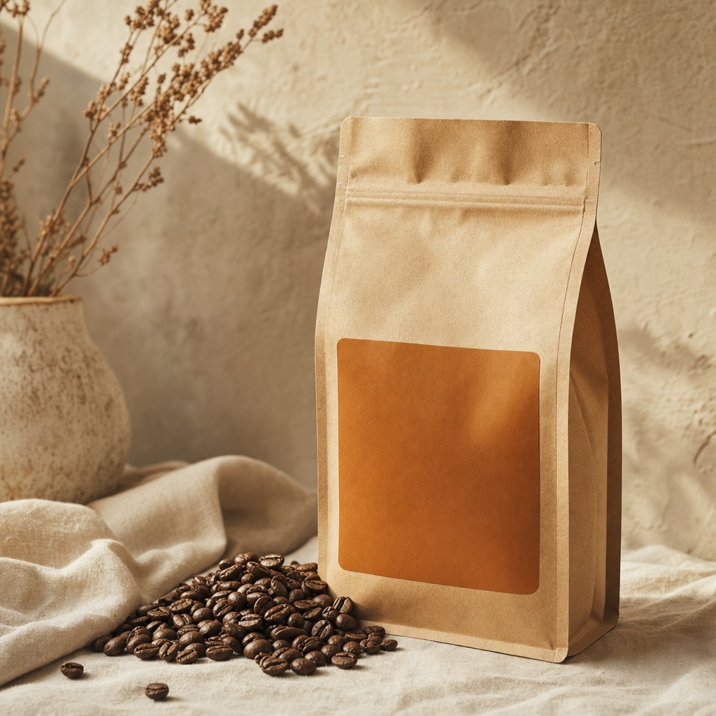Kraft paper coffee bag with roasted beans spilling beside it