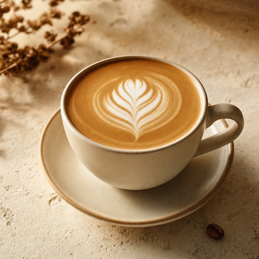 Flat white in a cream ceramic cup with latte art