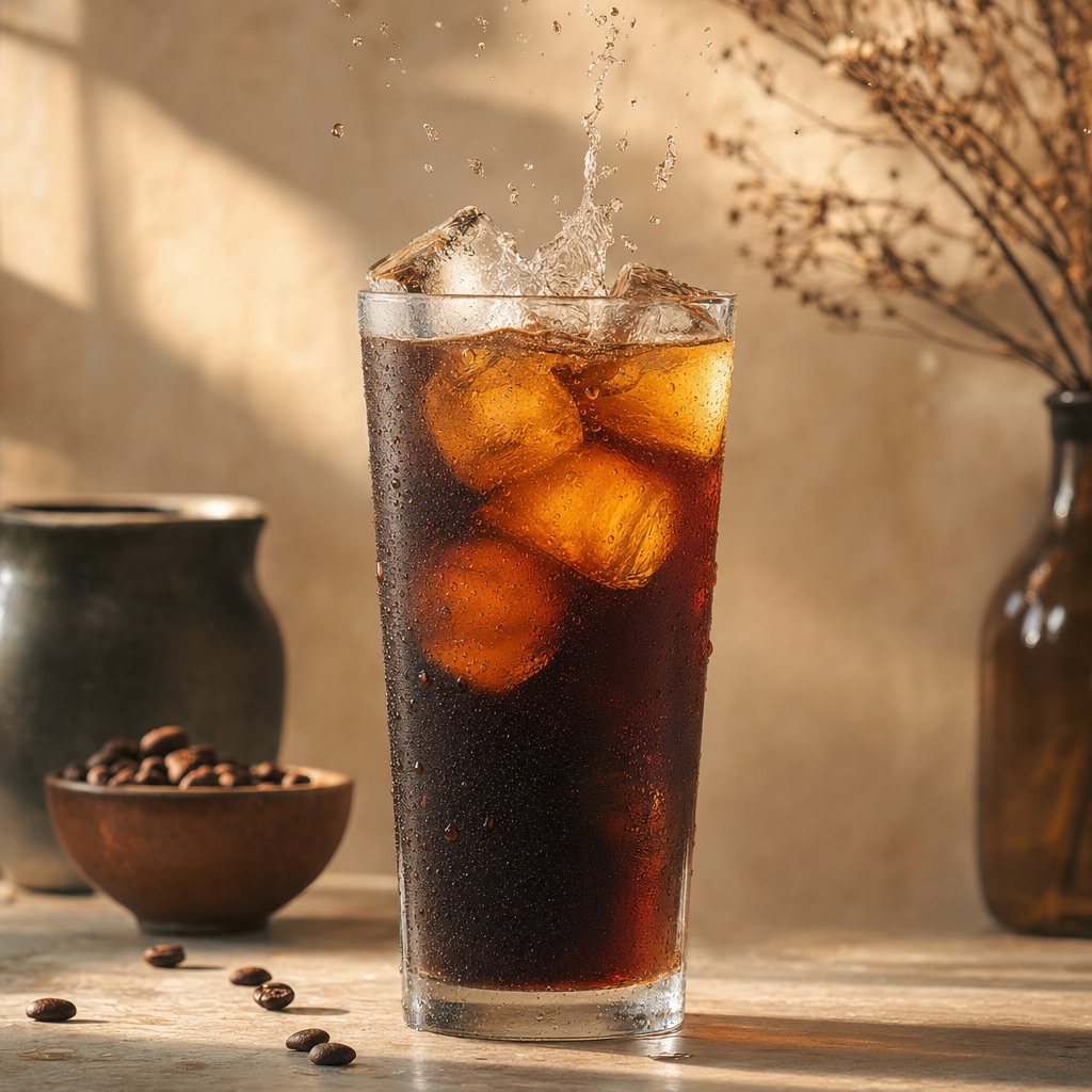 Iced long black in a tall glass with sparkling water