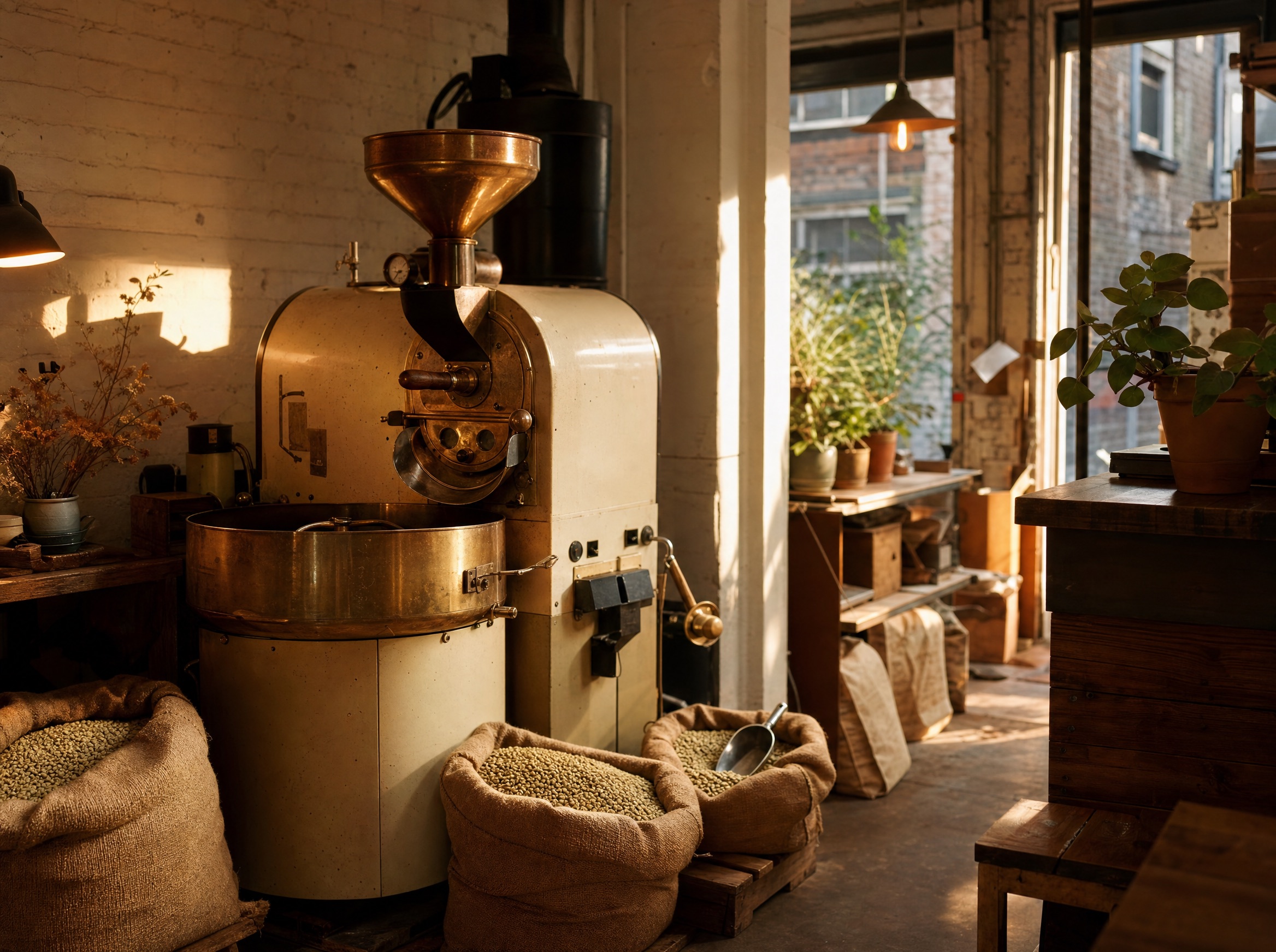 The Amber Lane roastery: a small brass and cream coffee roaster beside sacks of green beans in warm afternoon light