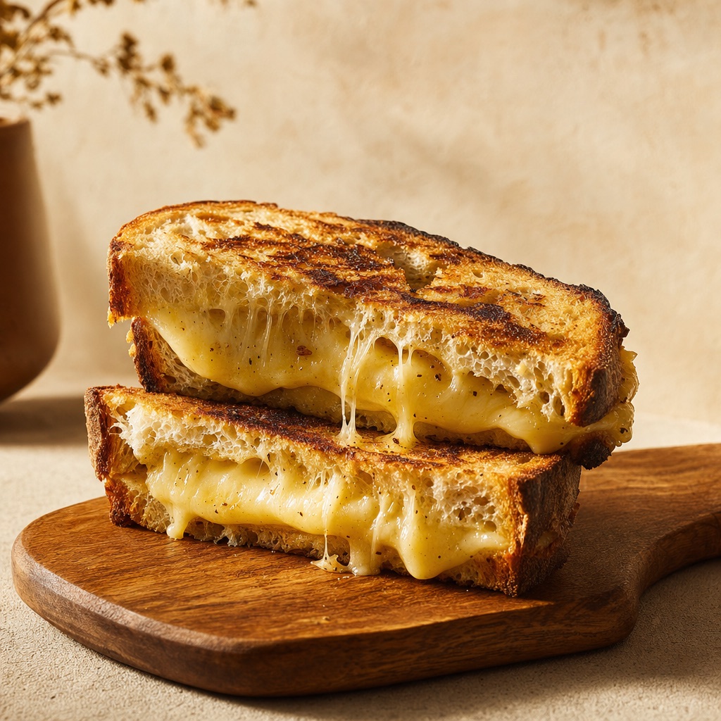 Golden sourdough toastie with a melted cheese pull on a wooden board